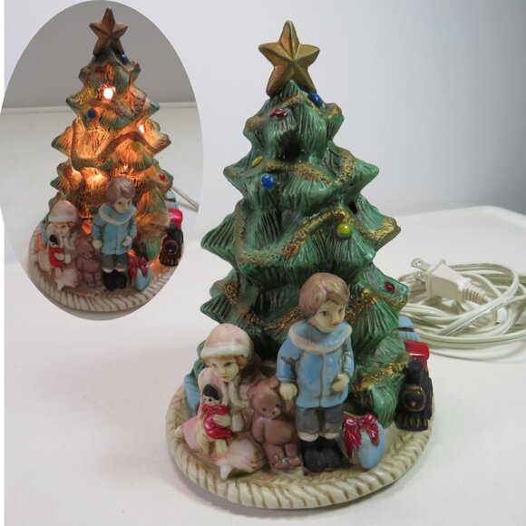 Vintage Inspired Christmas Tree, Children, Train & Gifts Resin Lamp Holiday - Picture 1 of 15
